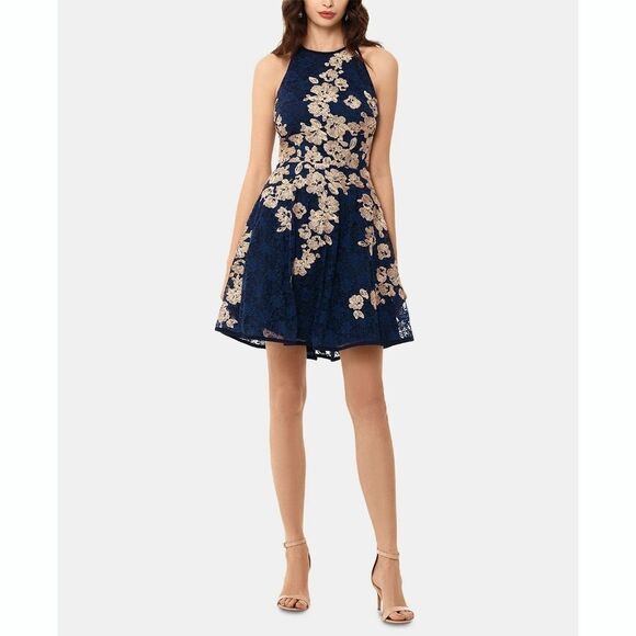 New! XSCAPE Women's Floral Embroidered Lace Fit & Flare Dress Blue Gold Size 10 - Picture 3 of 4